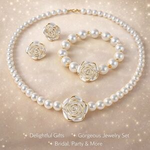 Elegant Pearl and Gold Rose Jewelry Set